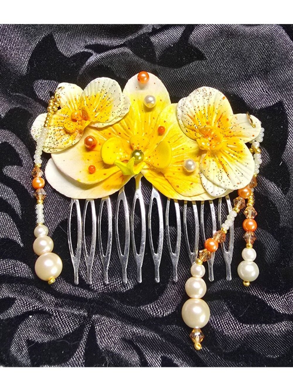 Crafted Glass Beaded Yellow White Asian Inspire Orchid Hair Comb Carnelian Style